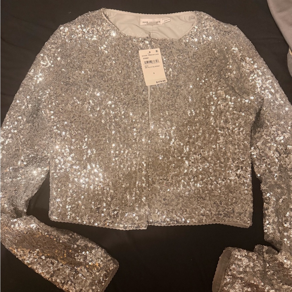 Good American Metallic Sequin Top in Silver